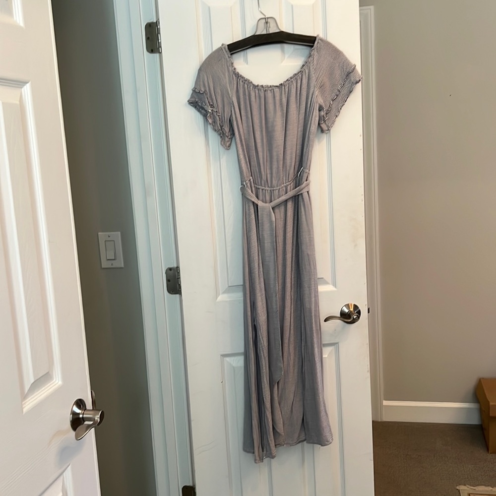 Gray and white pinstripe dress